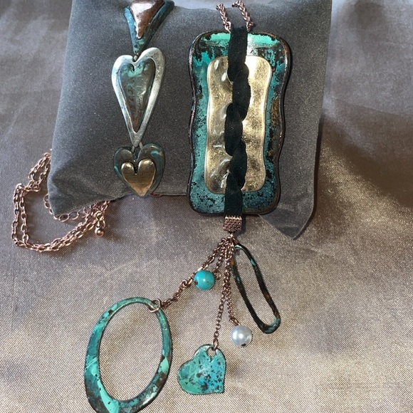Artisan Patina Copper & Turquoise Bracelet & Necklace Set Mixed Metal Leather - Picture 1 of 12